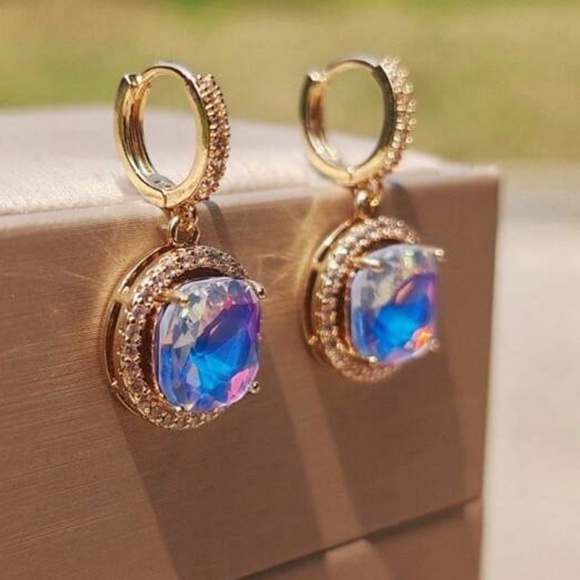 Glam Purple Milky Opalite, Round Cubic Zirconia Iridescent Gold tone Earrings - Picture 3 of 10